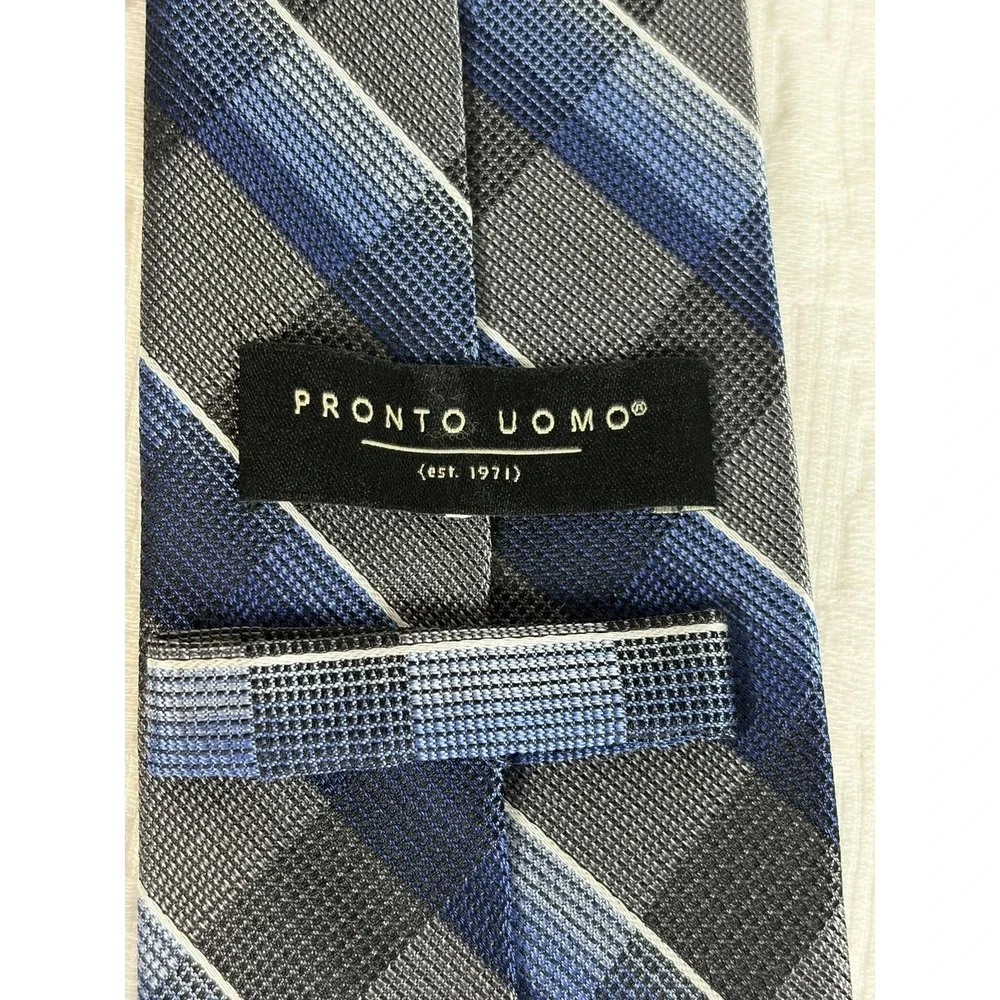 Pronto Uomo 100% Silk  Blue Grey White Plaid Hand Made Necktie